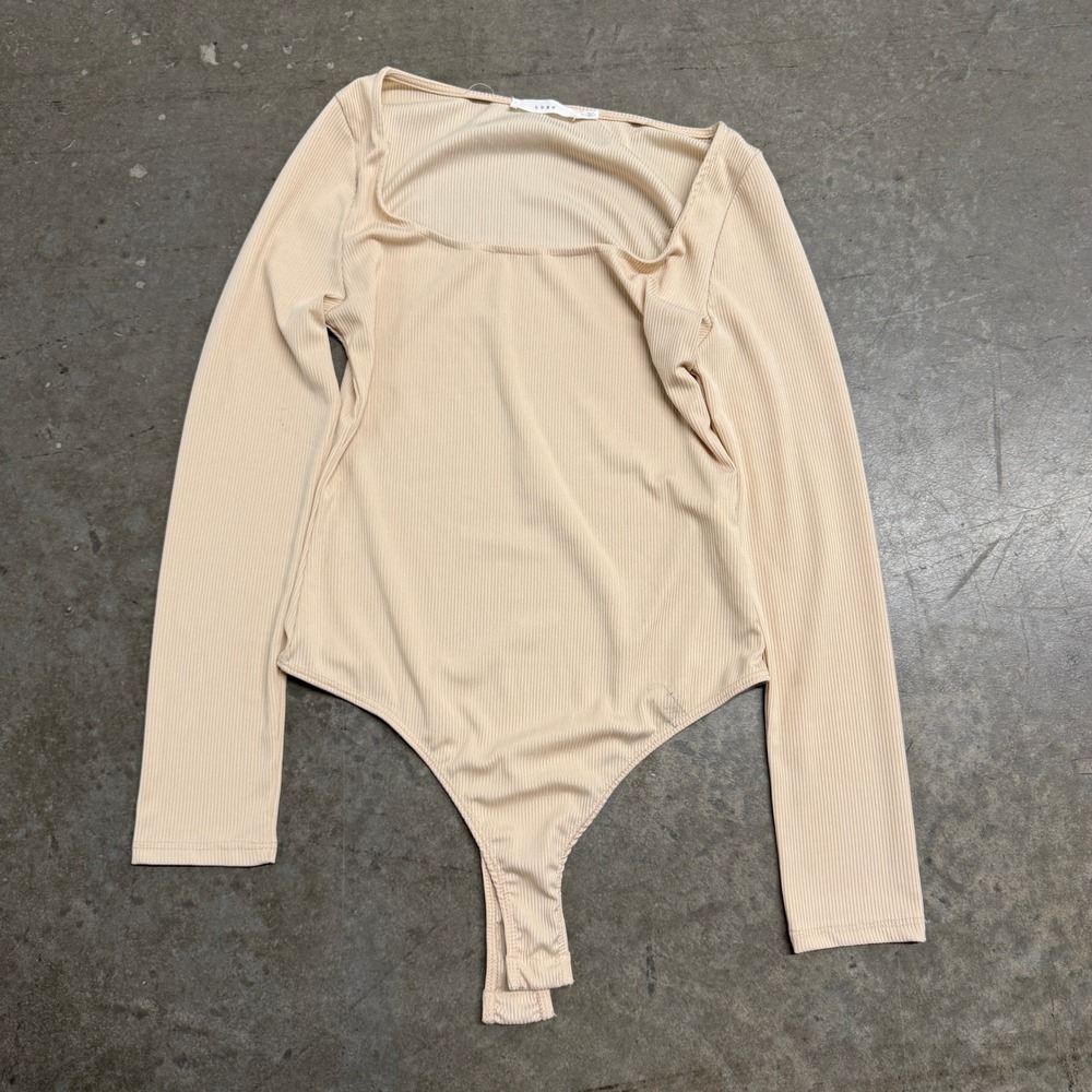Lush Womens‎ Ribbed Long Sleeve Square Neck Bodysuit Beige Tan Size M
